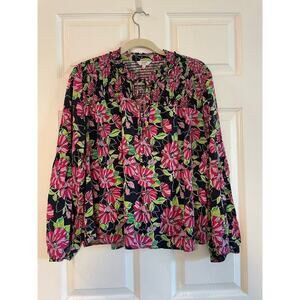 CROWN & IVY Women’s Top Blouse Long Sleeve Vneck BlackPink Floral Size Large